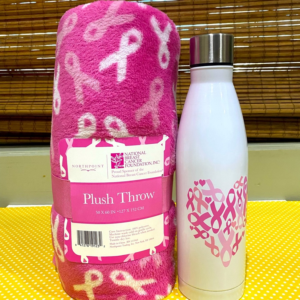 Breast Cancer Plush Throw blanket & Stainless Steel Bottle PINK RIBBON for chemo